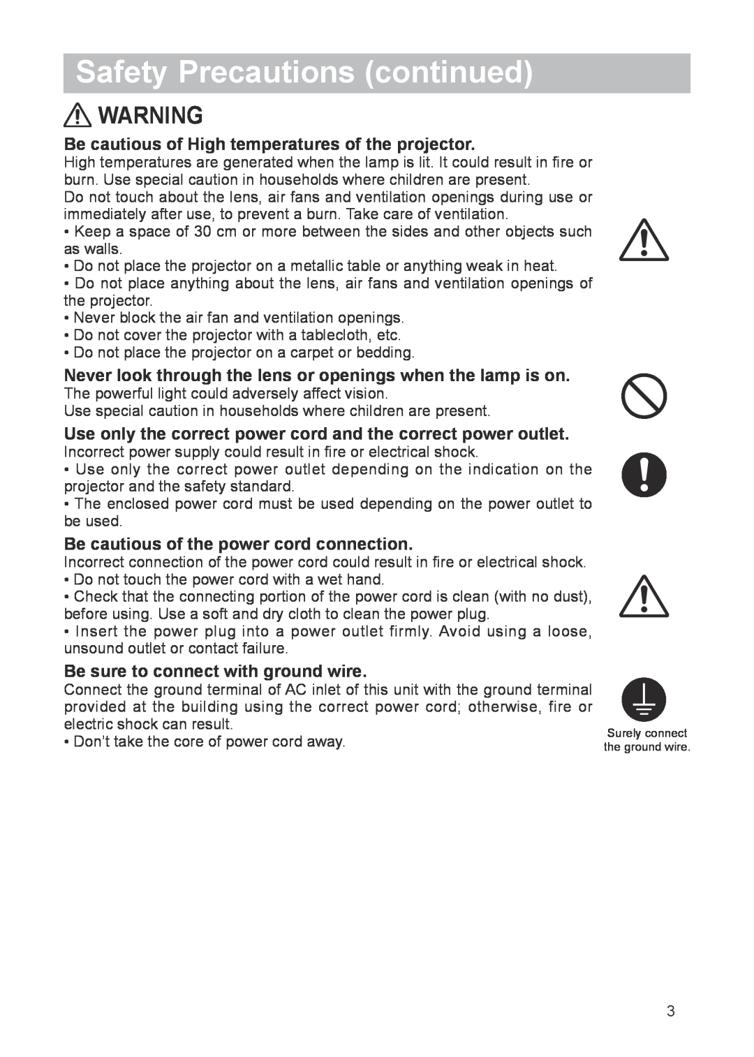 Dukane 8763 user manual Safety Precautions continued, Be cautious of High temperatures of the projector 