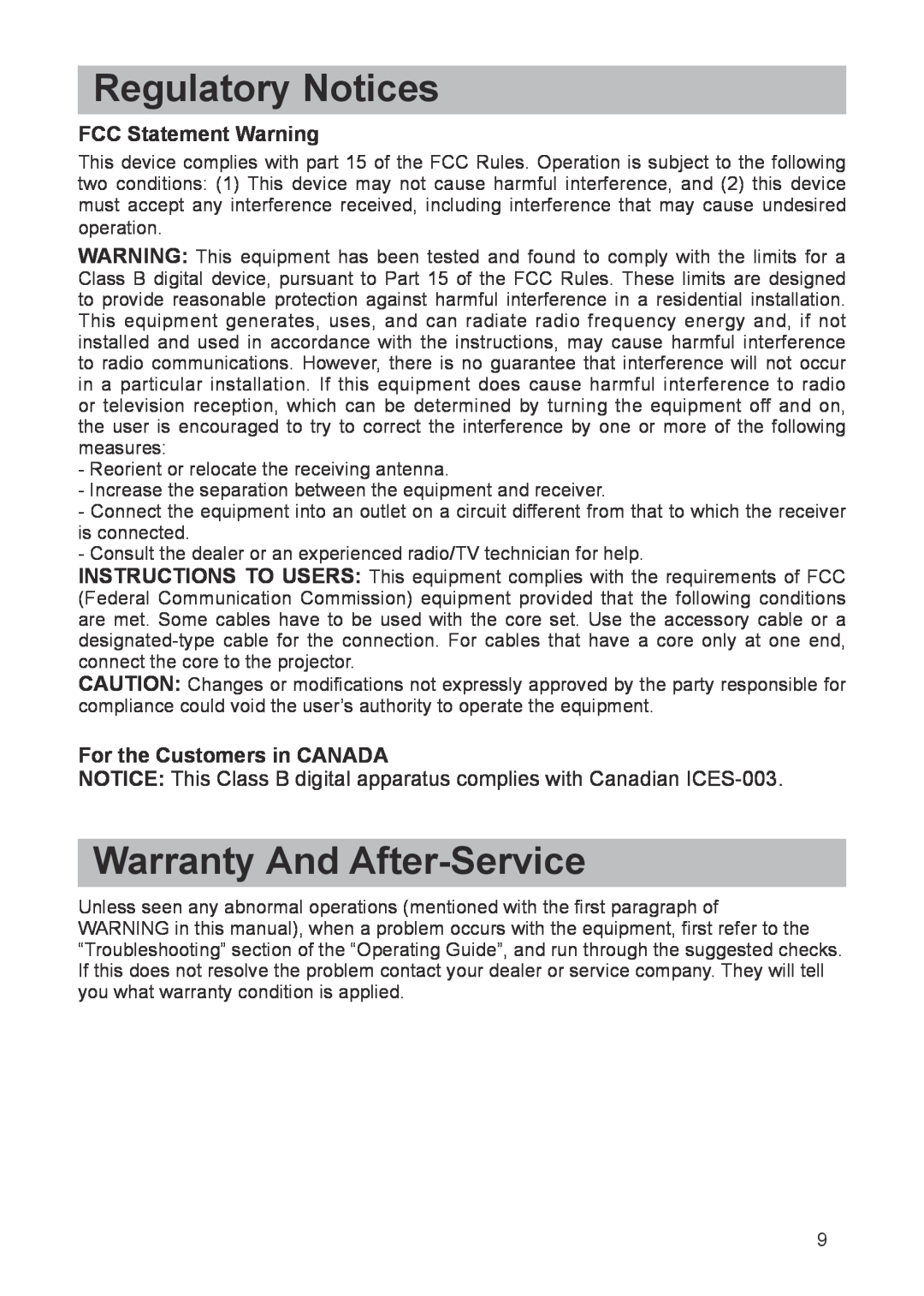 Dukane 8763 user manual Regulatory Notices, Warranty And After-Service, FCC Statement Warning, For the Customers in CANADA 