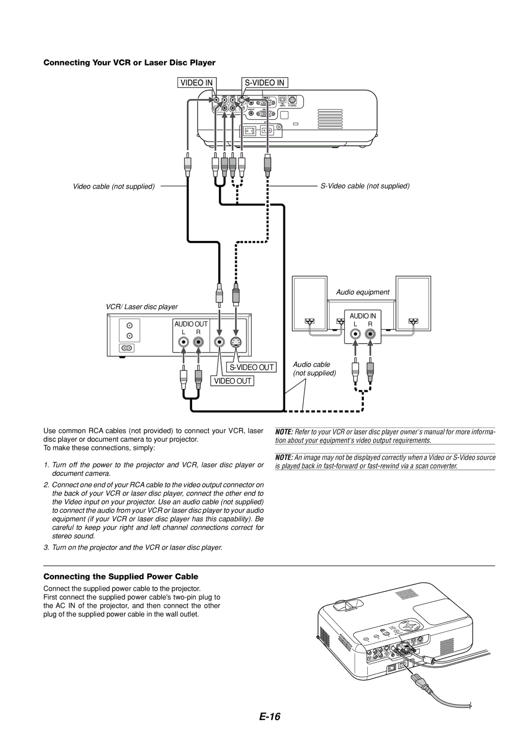 Dukane 8766 manual Connecting Your VCR or Laser Disc Player, Connecting the Supplied Power Cable 