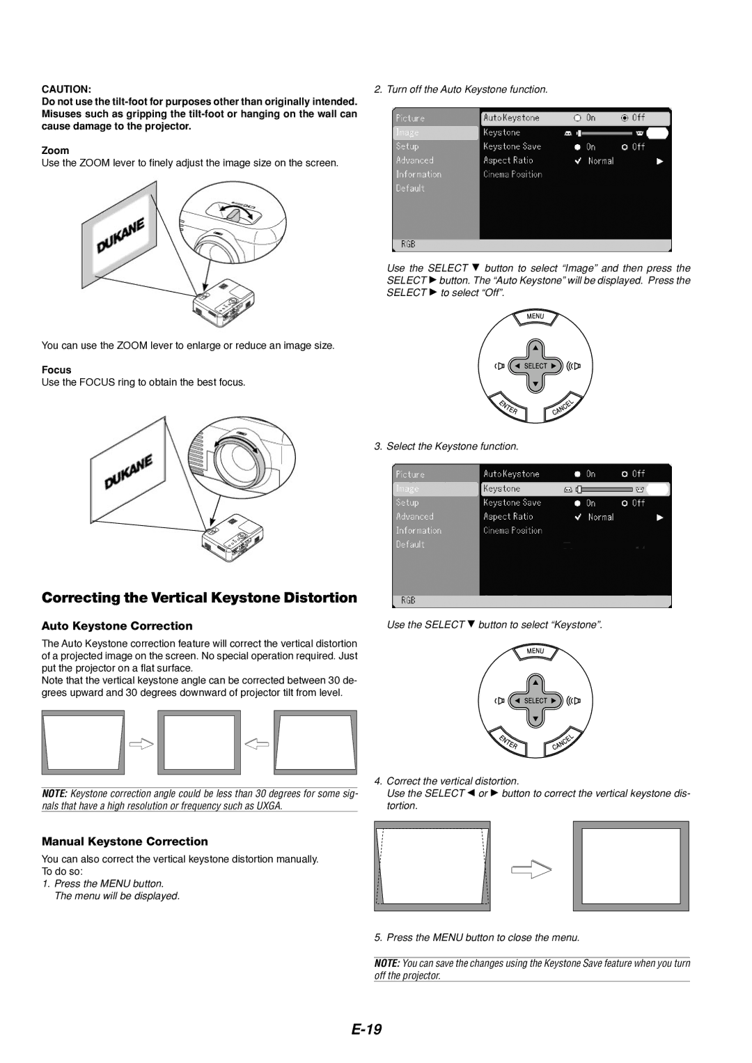 Dukane 8766 manual Correcting the Vertical Keystone Distortion, Auto Keystone Correction, Manual Keystone Correction, Focus 