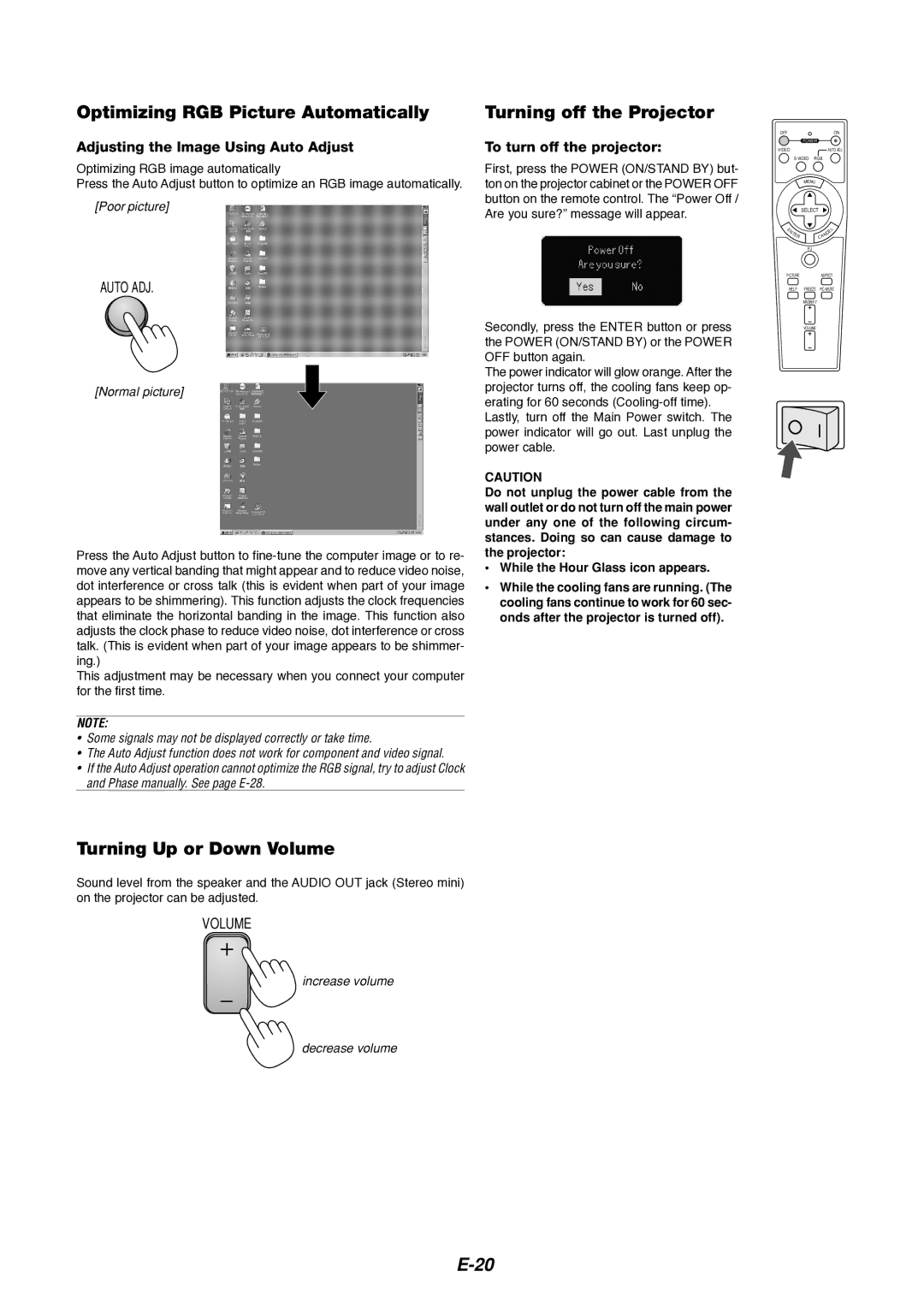 Dukane 8766 manual Turning Up or Down Volume, Adjusting the Image Using Auto Adjust, To turn off the projector 