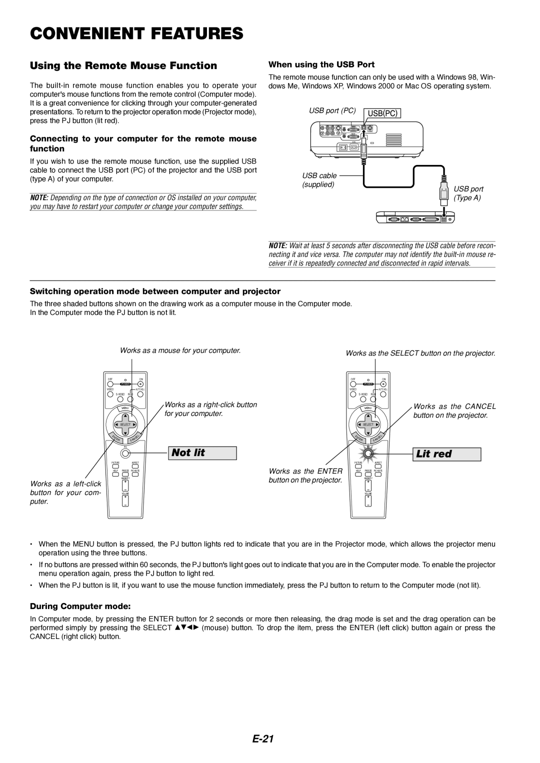 Dukane 8766 manual Convenient Features, Using the Remote Mouse Function 