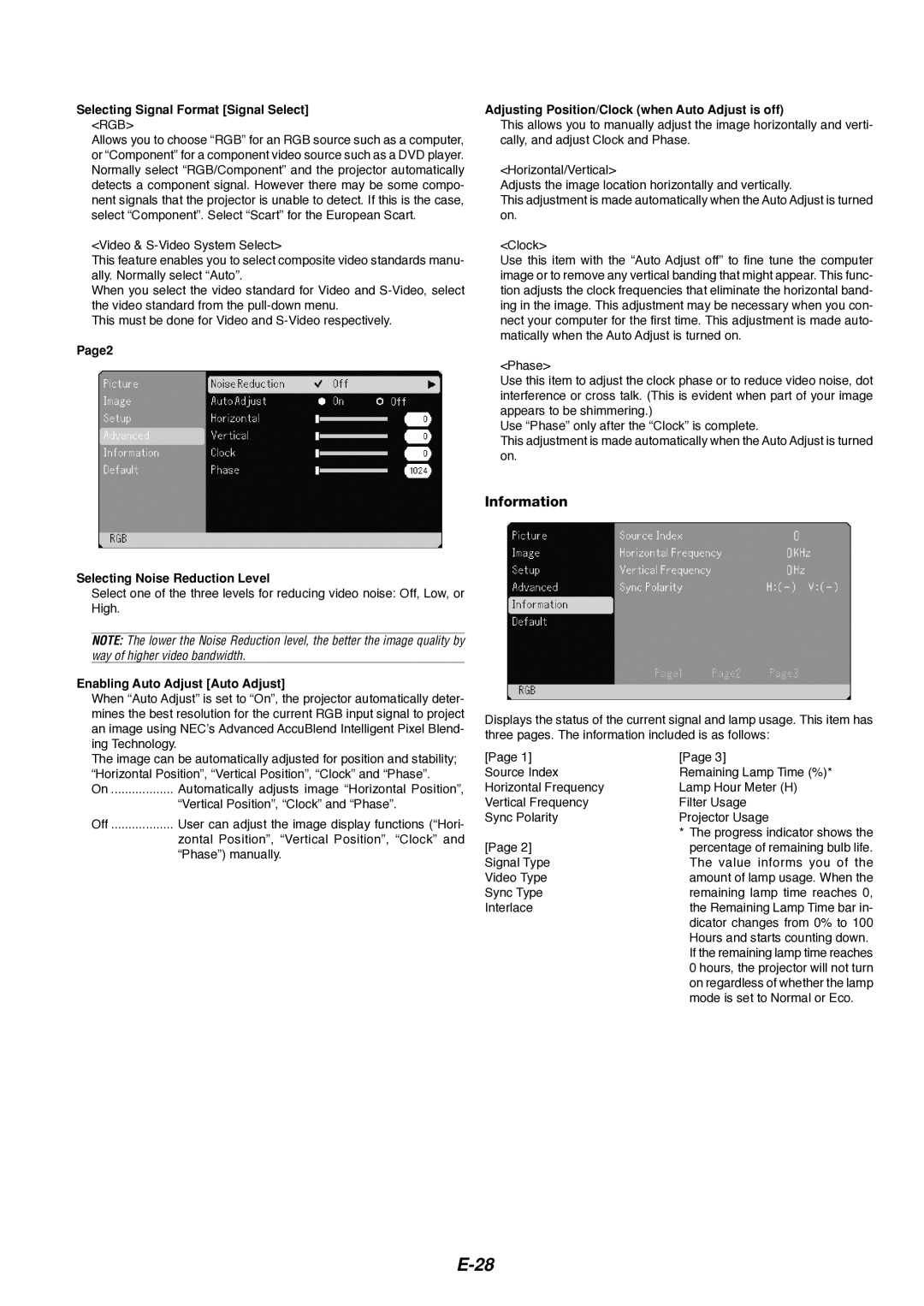 Dukane 8766 manual Information, Selecting Signal Format Signal Select, Page2 Selecting Noise Reduction Level 