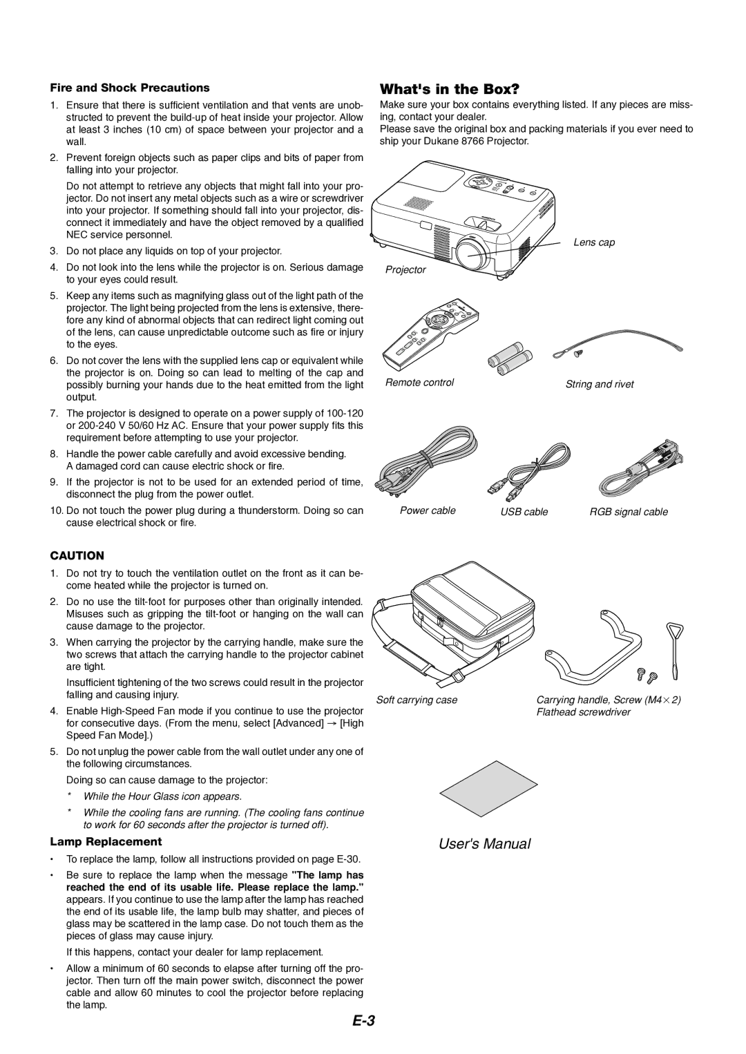 Dukane 8766 manual Whats in the Box?, Fire and Shock Precautions, Lamp Replacement 