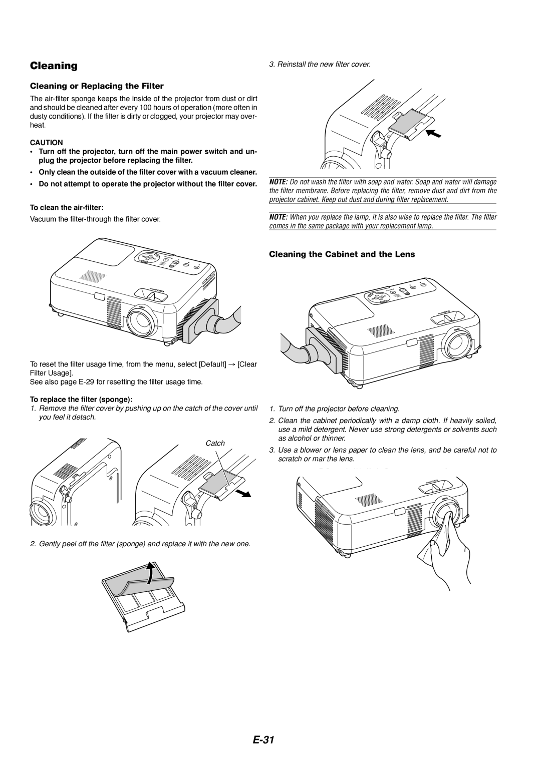 Dukane 8766 manual Cleaning or Replacing the Filter, Cleaning the Cabinet and the Lens, To replace the filter sponge 