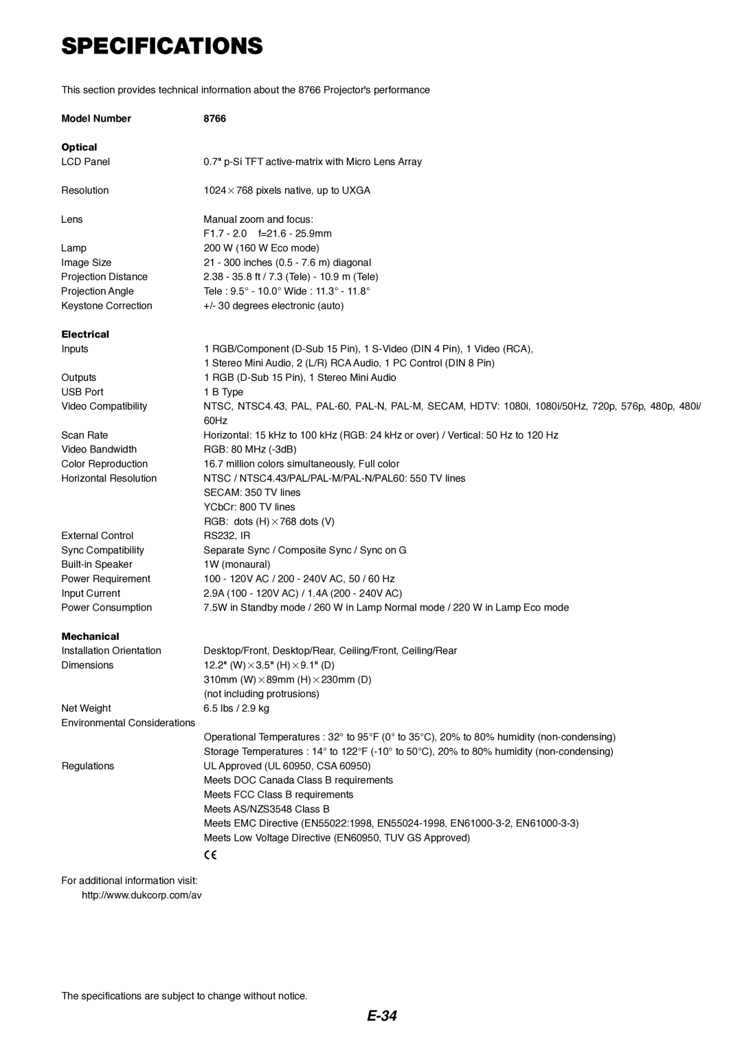 Dukane manual Specifications, Model Number 8766 Optical 