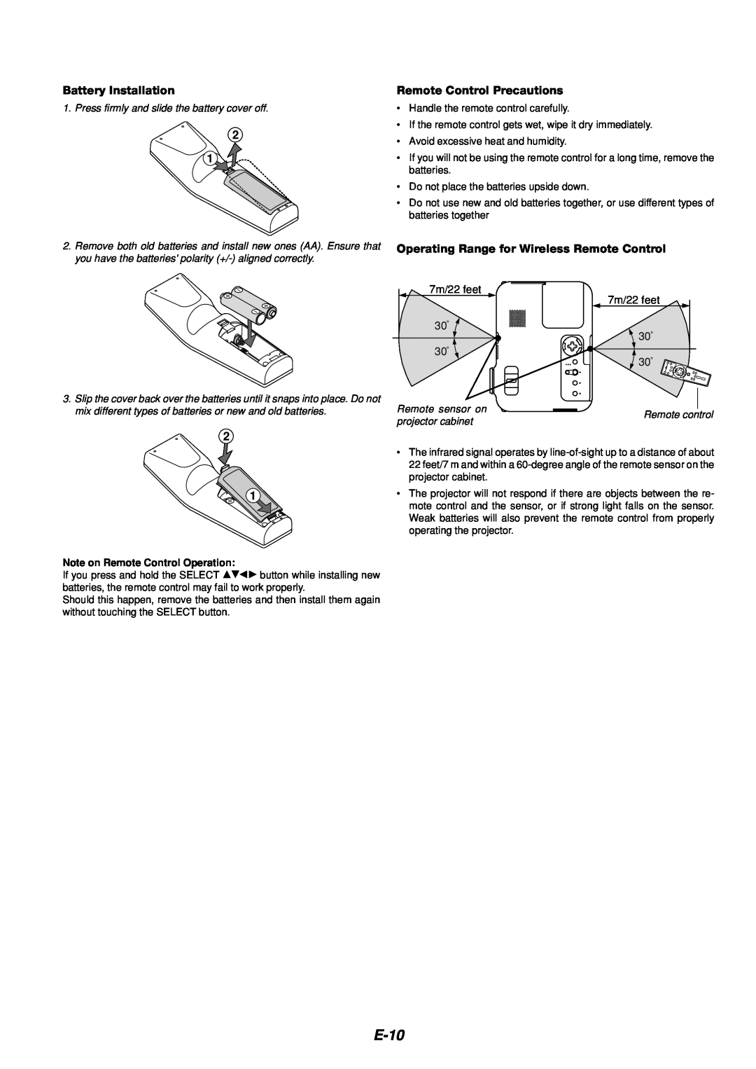 Dukane 8766 manual E-10, Battery Installation, Remote Control Precautions, Note on Remote Control Operation 