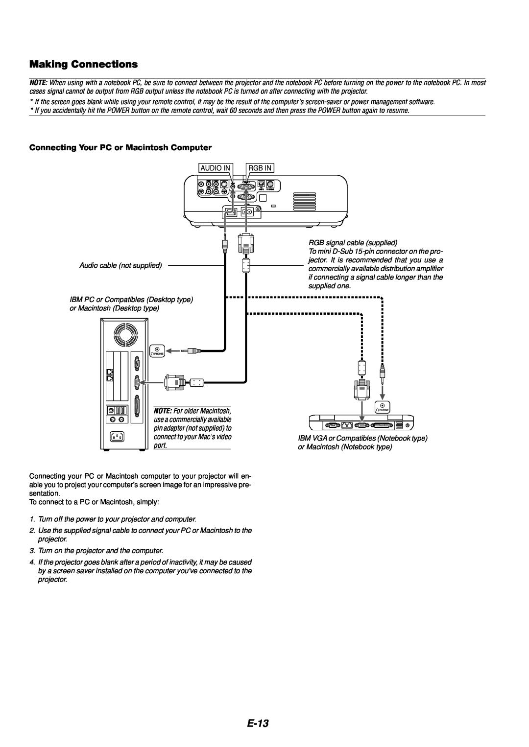 Dukane 8766 manual Making Connections, E-13, Connecting Your PC or Macintosh Computer 