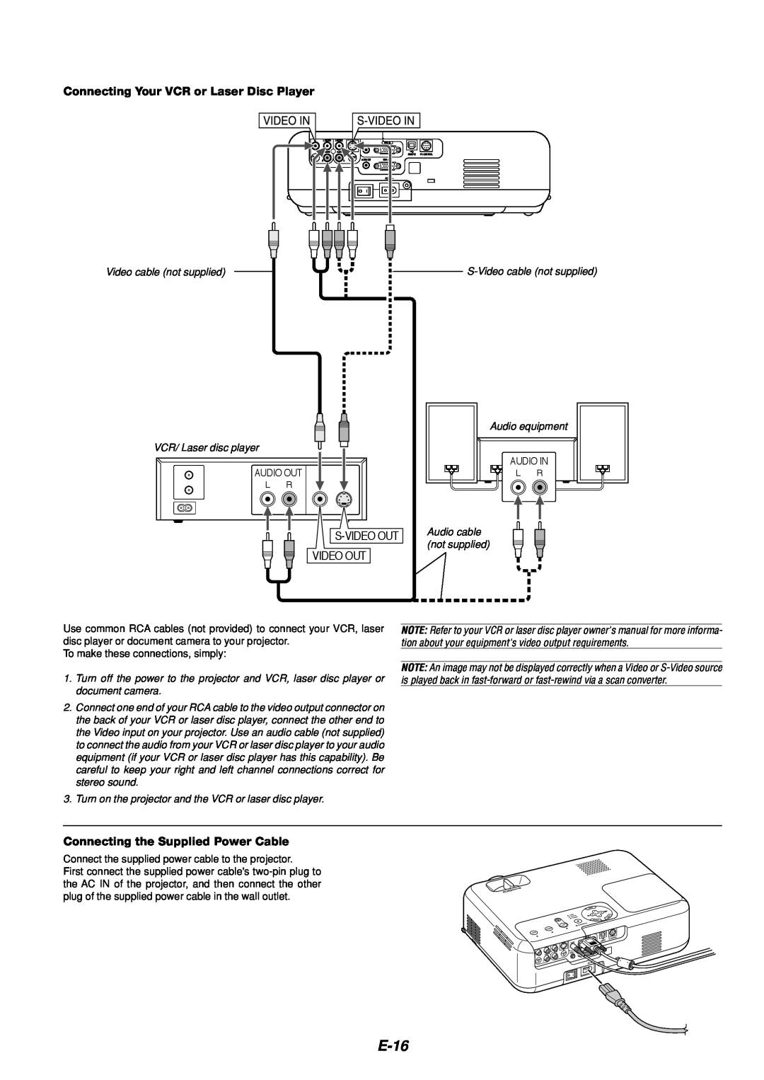 Dukane 8766 manual E-16, Connecting Your VCR or Laser Disc Player, Connecting the Supplied Power Cable 