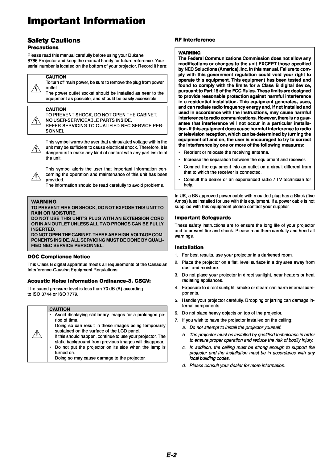 Dukane 8766 Important Information, Safety Cautions, Precautions, DOC Compliance Notice, RF Interference, Installation 