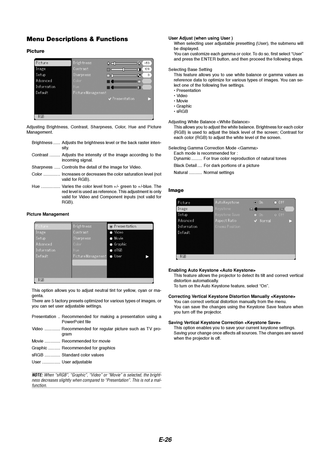 Dukane 8766 manual Menu Descriptions & Functions, E-26, Image, Picture Management, User Adjust when using User 