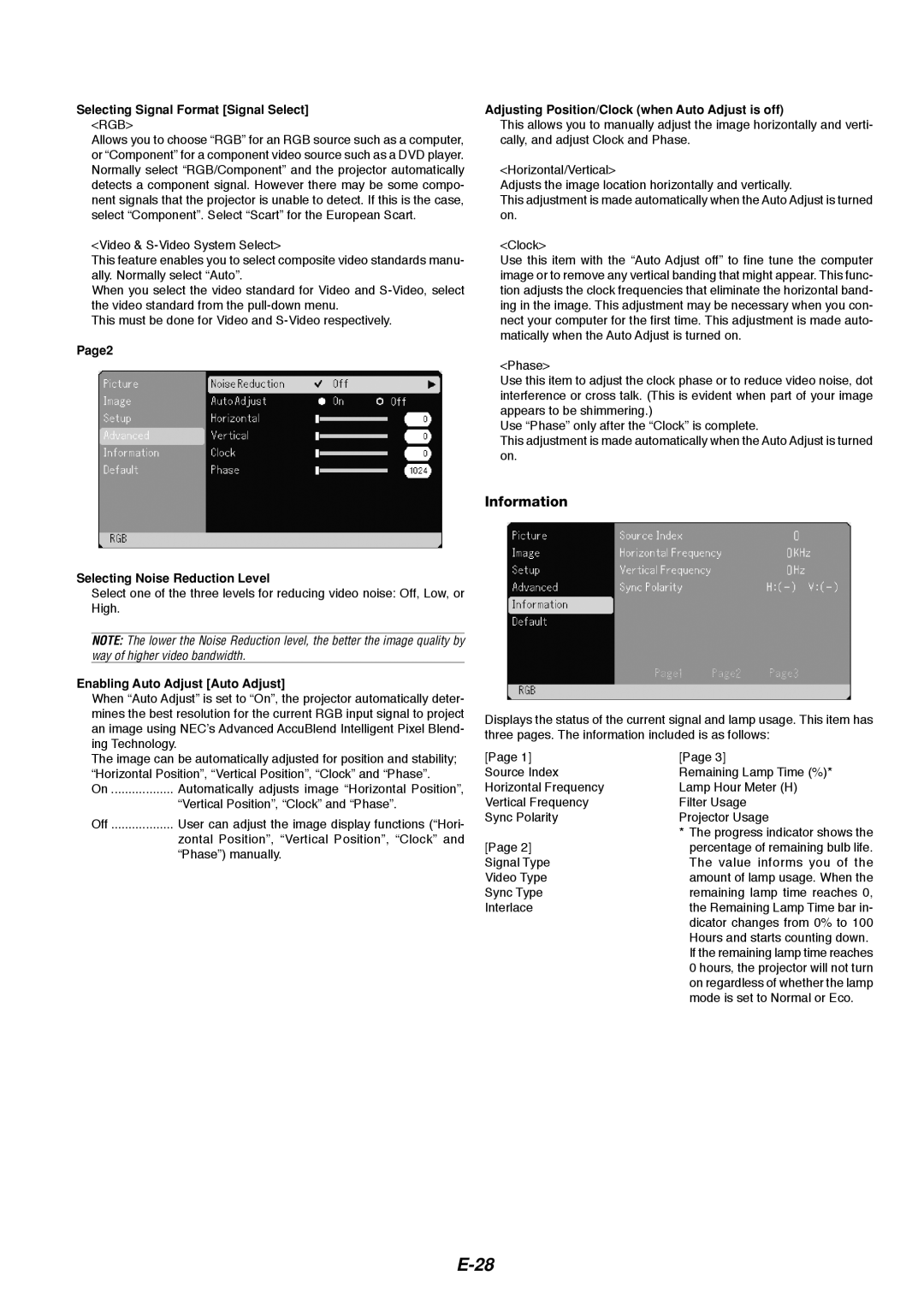 Dukane 8766 manual E-28, Information, Selecting Signal Format Signal Select, Page2 Selecting Noise Reduction Level 