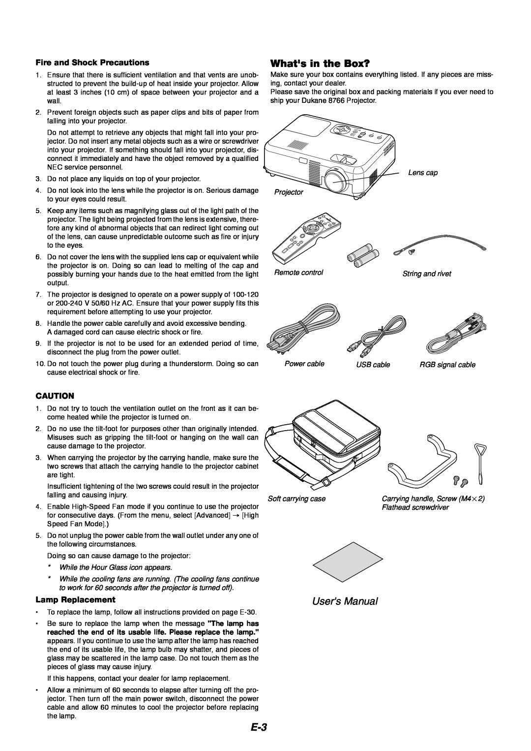 Dukane 8766 manual Whats in the Box?, Users Manual, Fire and Shock Precautions, Lamp Replacement 