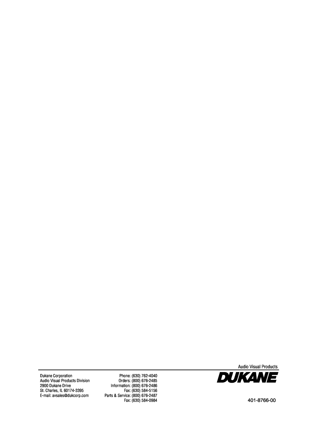 Dukane manual 401-8766-00, Audio Visual Products, Parts & Service 