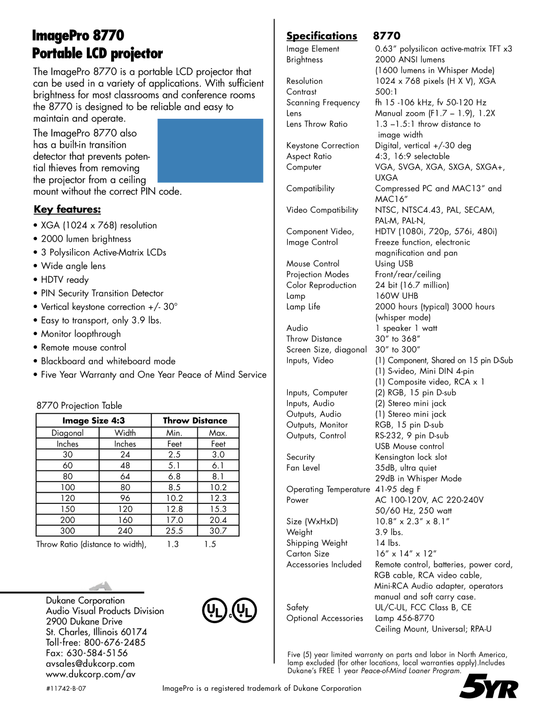 Dukane manual ImagePro Portable LCD projector, Key features, Specifications 8770, Image Size Throw Distance 
