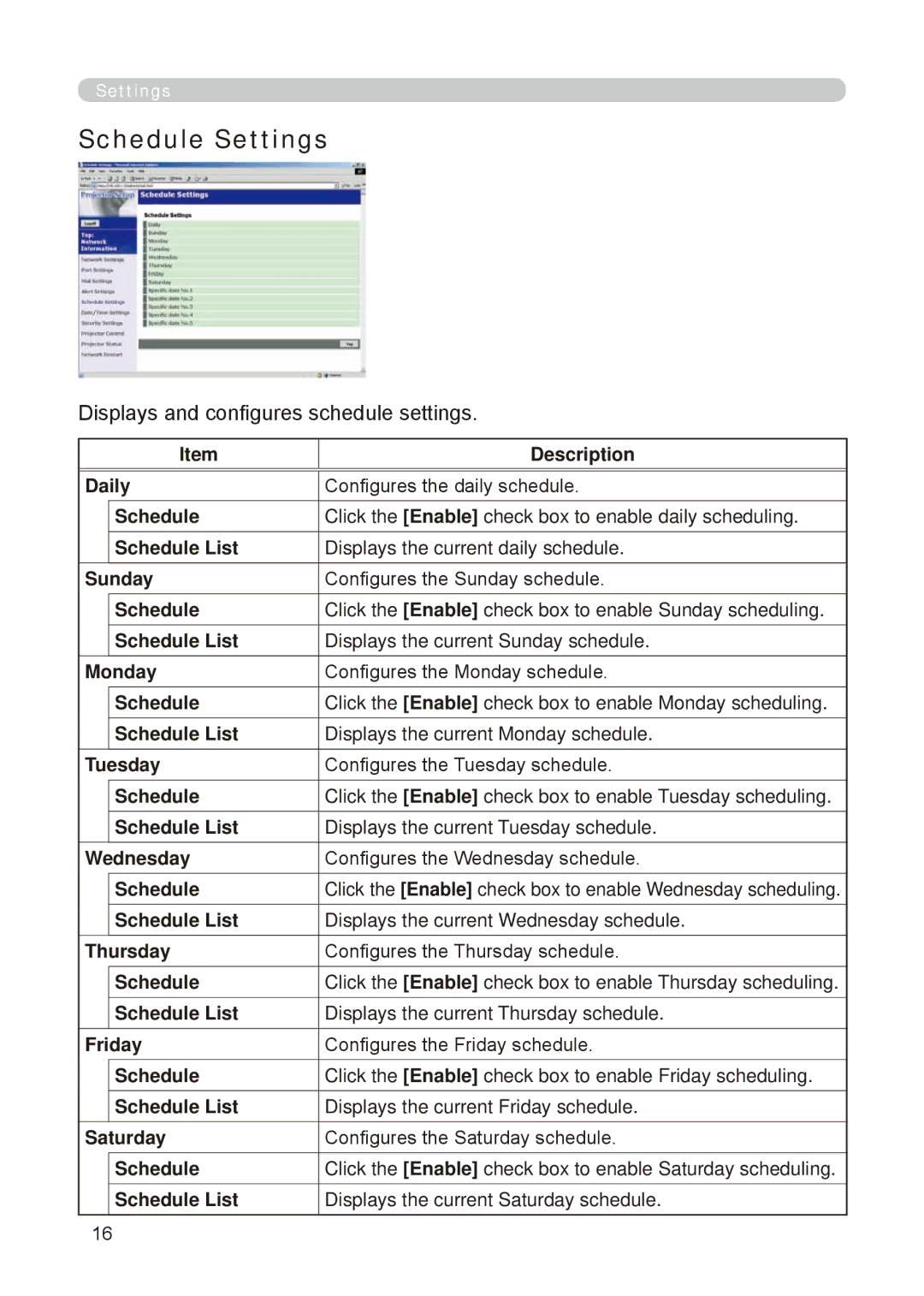 Dukane 8776-RJ, 8755E-RJ user manual Schedule Settings, Displays and configures schedule settings 