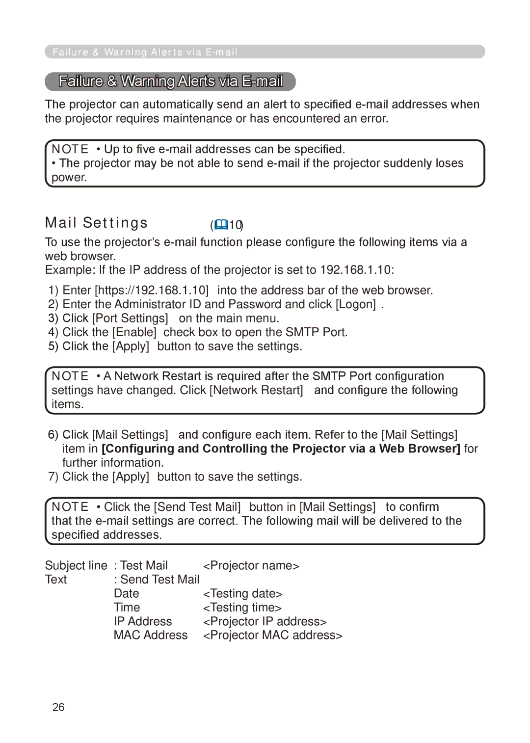 Dukane 8776-RJ, 8755E-RJ Failure & Warning Alerts via E -mail, 10, Example If the IP address of the projector is set to 