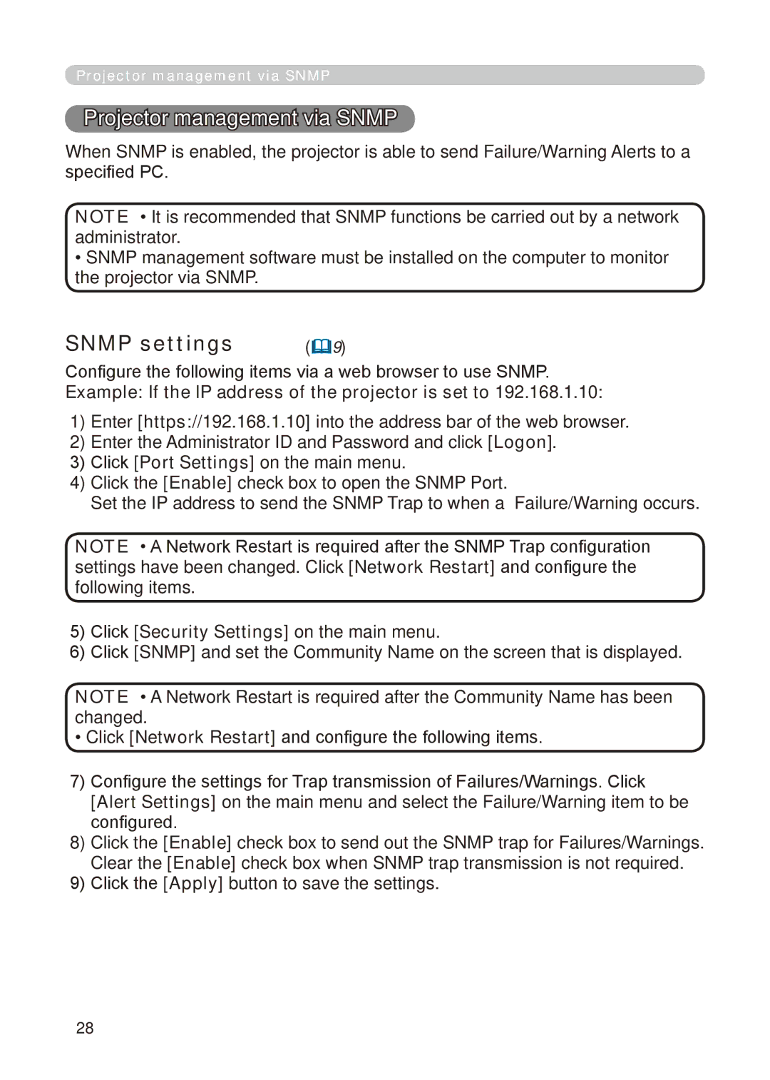 Dukane 8776-RJ Projector management via Snmp, Snmp settings, Configure the following items via a web browser to use Snmp 