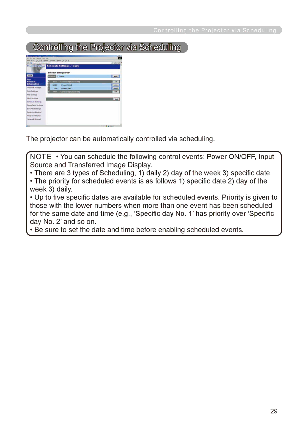 Dukane 8755E-RJ, 8776-RJ user manual Controlling the Projector via Scheduling 