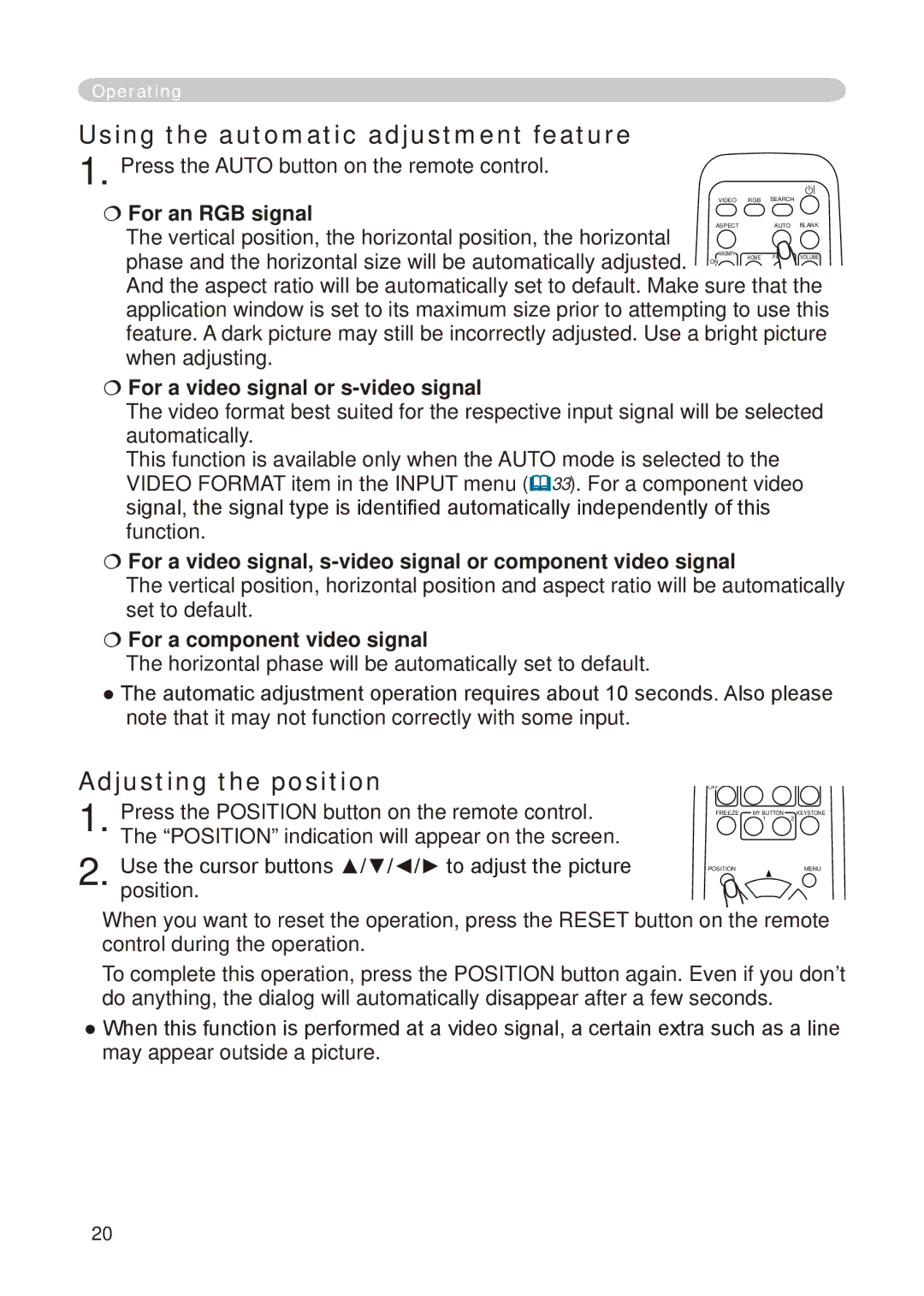 Dukane 8776-RJ Using the automatic adjustment feature, Adjusting the position,  For a video signal or s-video signal 