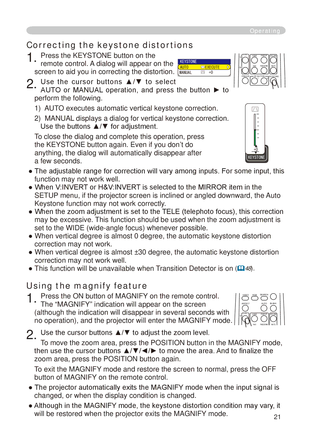 Dukane 8755E-RJ, 8776-RJ user manual Correcting the keystone distortions, Using the magnify feature 