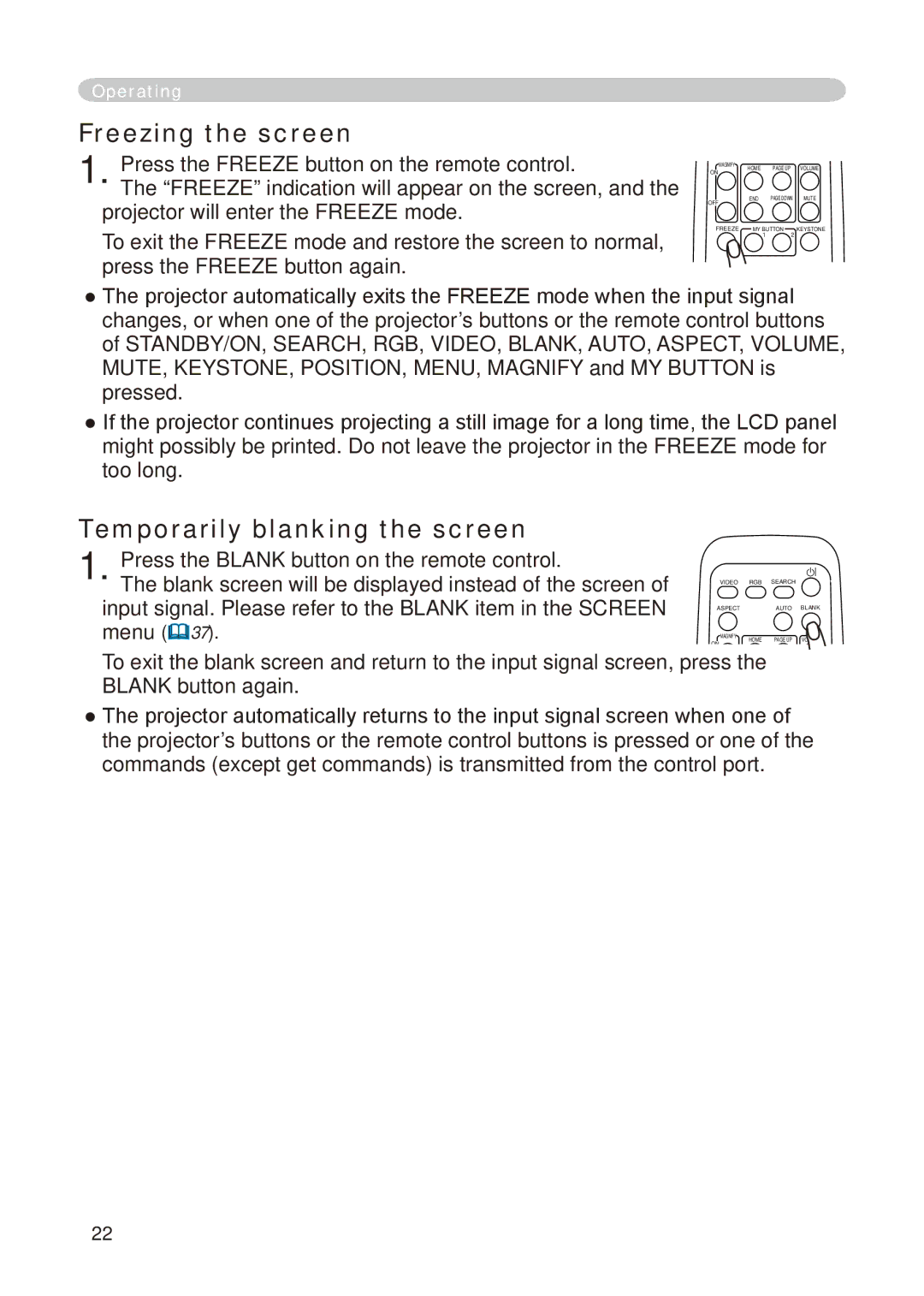 Dukane 8776-RJ, 8755E-RJ user manual Freezing the screen, Temporarily blanking the screen 