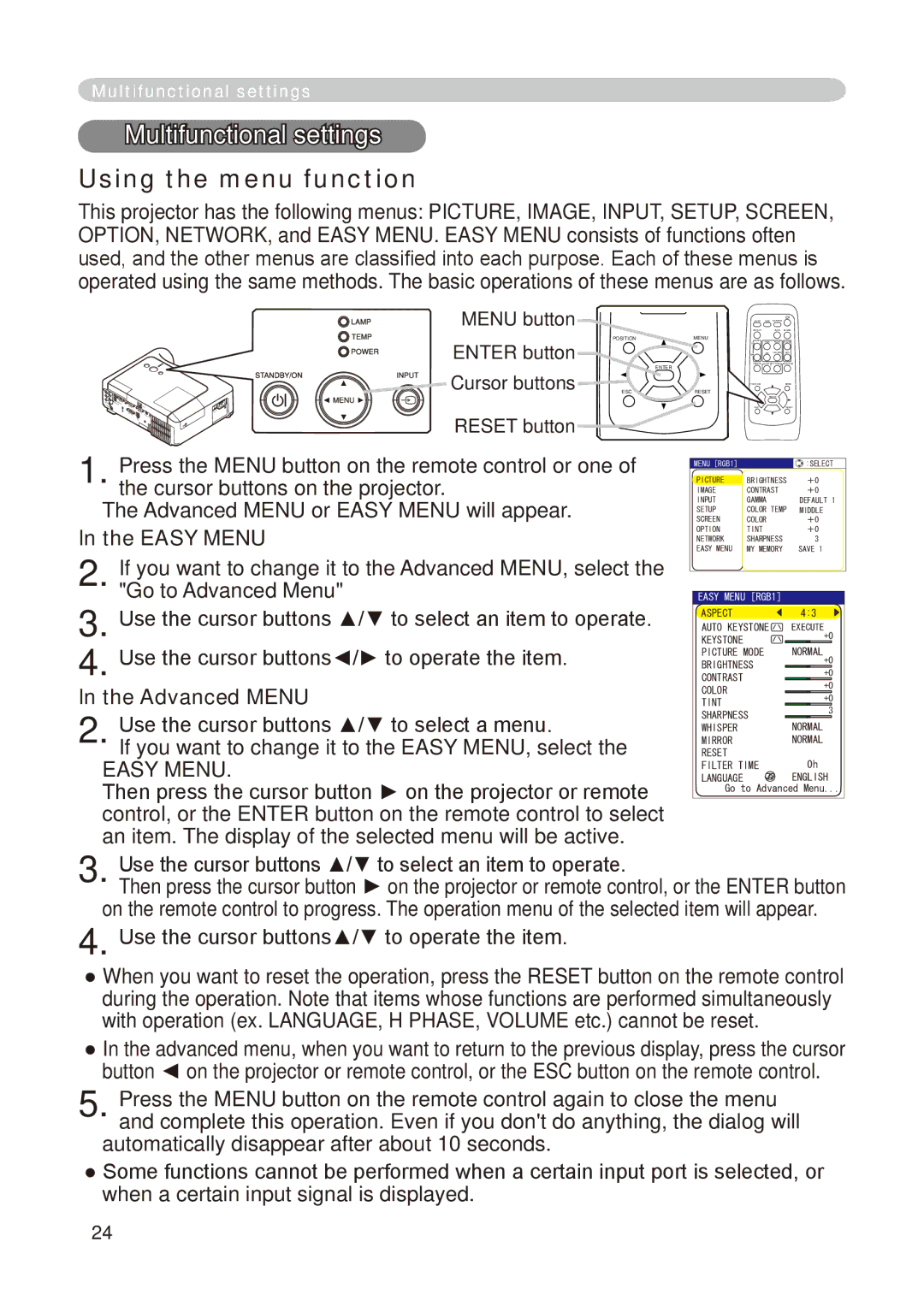 Dukane 8776-RJ, 8755E-RJ user manual Multifunctional settings, Using the menu function, Easy Menu, Advanced Menu 