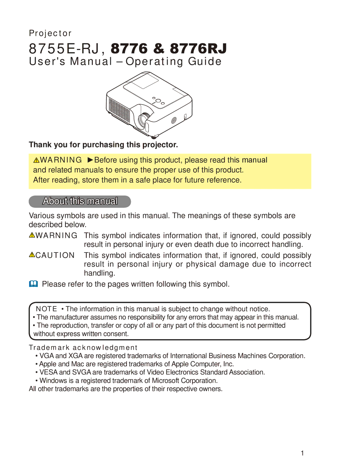 Dukane 8755E-RJ, 8776-RJ user manual About this manual, Thank you for purchasing this projector, Trademark acknowledgment 