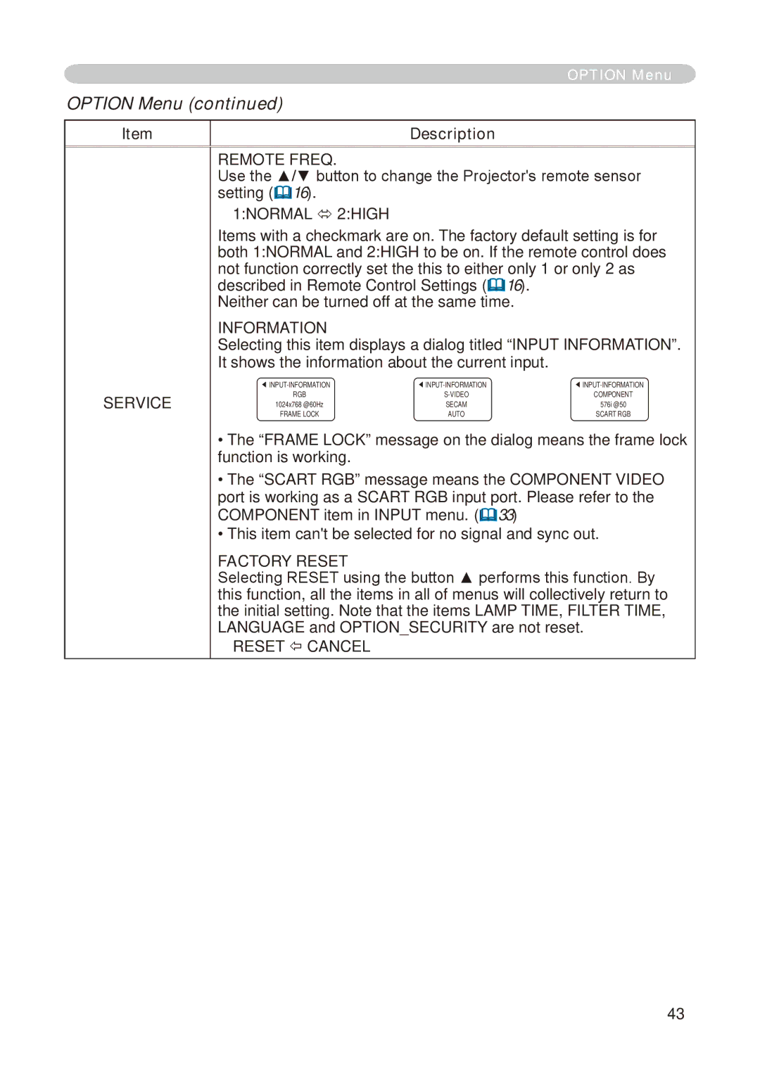 Dukane 8755E-RJ, 8776-RJ Remote Freq, Use the / button to change the Projectors remote sensor, Information, Factory Reset 