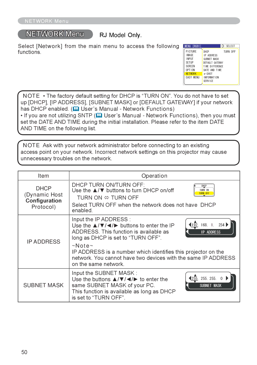 Dukane 8776-RJ, 8755E-RJ user manual Network Menu RJ Model Only, Dhcp, IP Address 