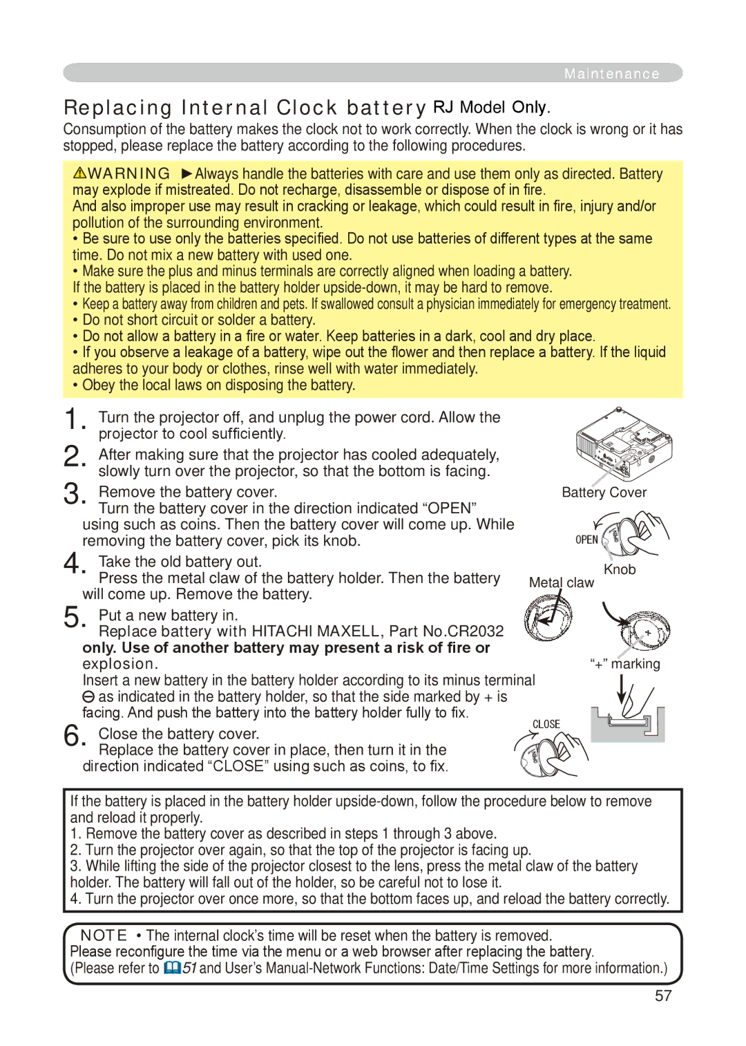 Dukane 8755E-RJ, 8776-RJ user manual Replacing Internal Clock battery RJ Model Only, Take the old battery out 