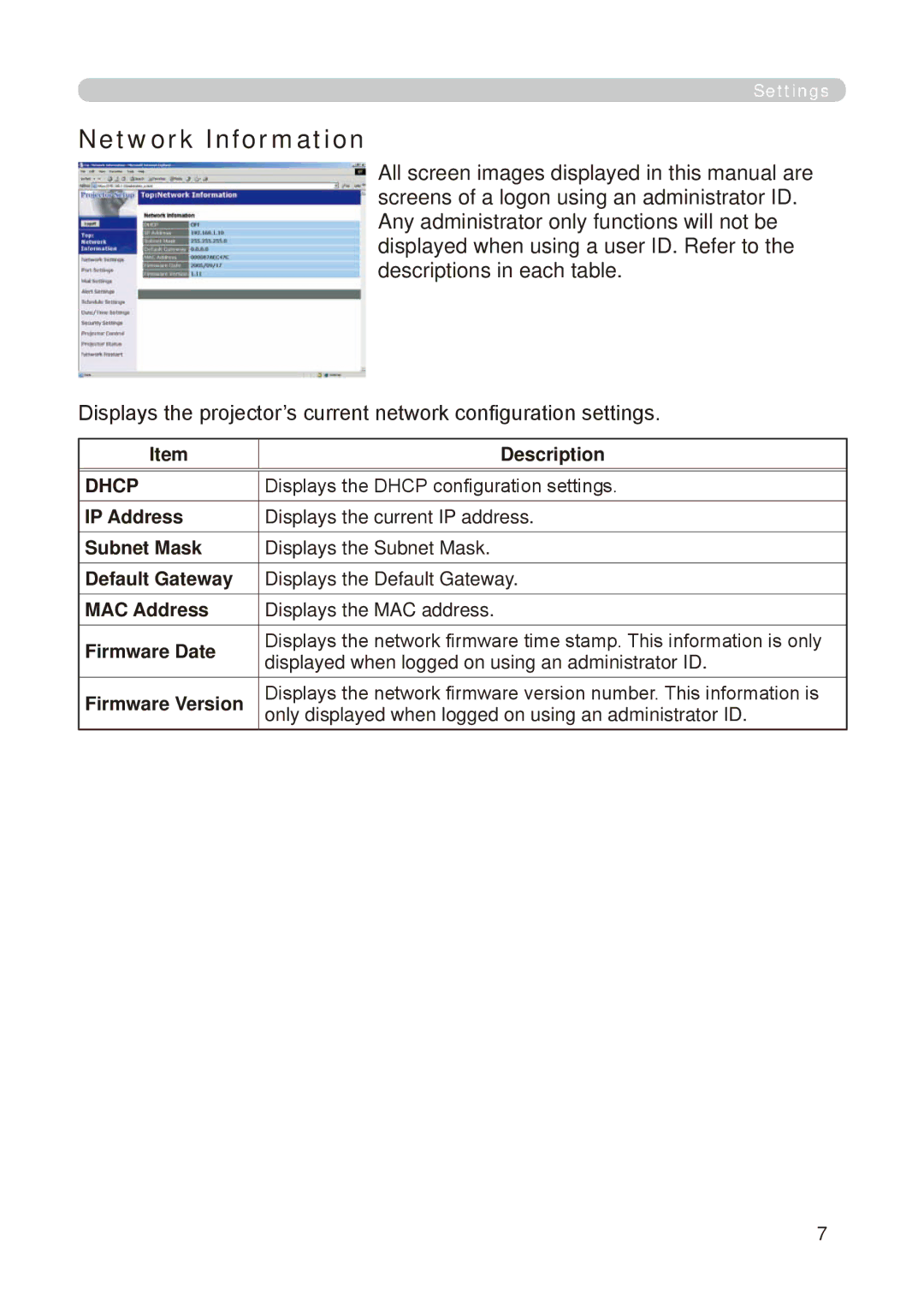 Dukane 8755E-RJ, 8776-RJ user manual Network Information, Displays the Dhcp configuration settings 