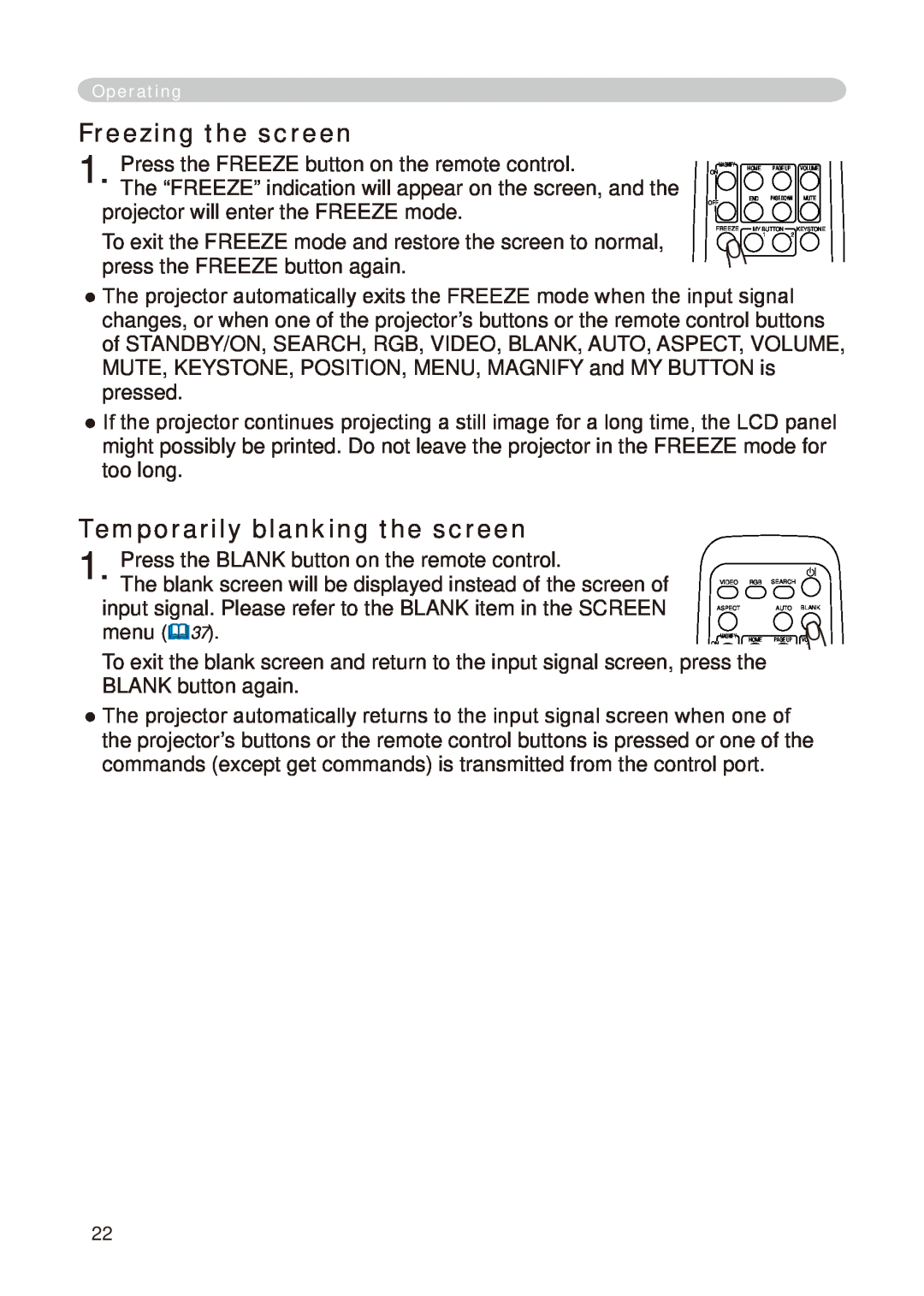 Dukane 8776-RJ, 8755E-RJ user manual Freezing the screen, Temporarily blanking the screen 