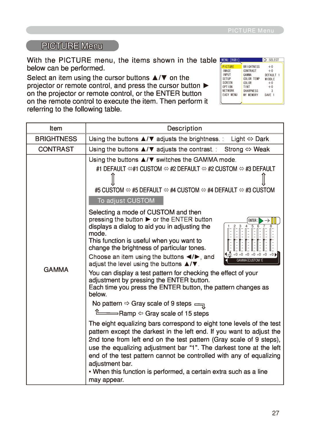 Dukane 8755E-RJ, 8776-RJ user manual PICTURE Menu, To adjust CUSTOM 