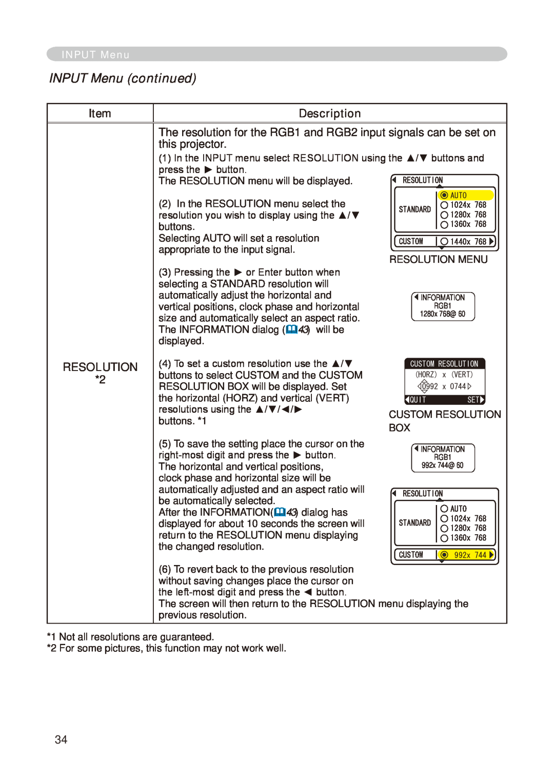 Dukane 8776-RJ, 8755E-RJ user manual INPUT Menu continued, The RESOLUTION menu will be displayed 