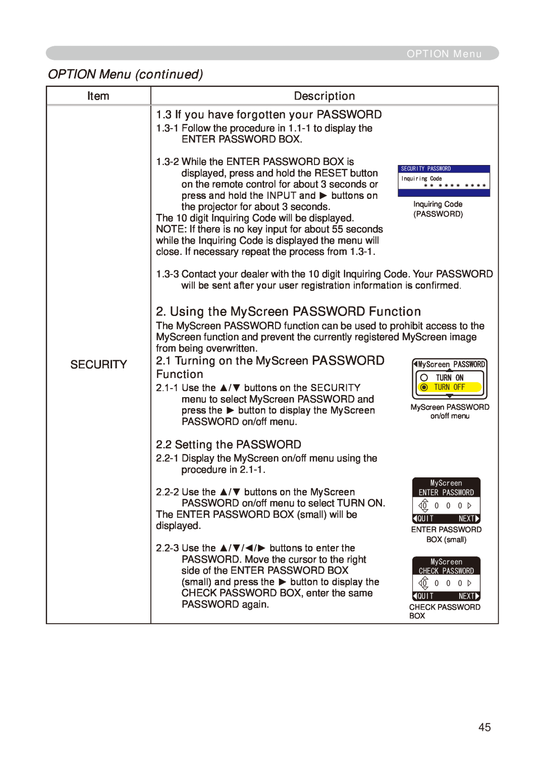 Dukane 8755E-RJ, 8776-RJ user manual Using the MyScreen PASSWORD Function, OPTION Menu continued 