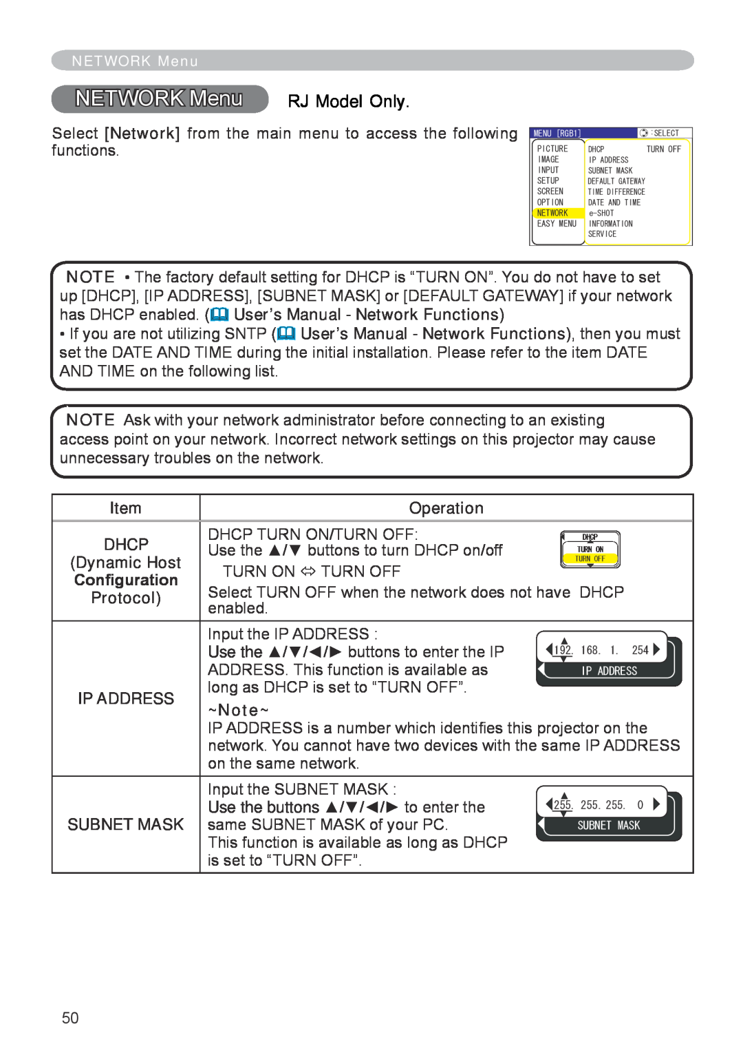 Dukane 8776-RJ, 8755E-RJ user manual NETWORK Menu RJ Model Only 