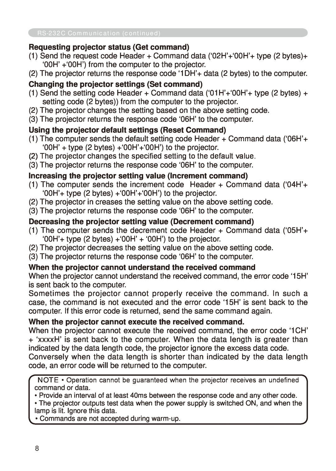 Dukane 8776-RJ, 8755E-RJ user manual Requesting projector status Get command, Changing the projector settings Set command 