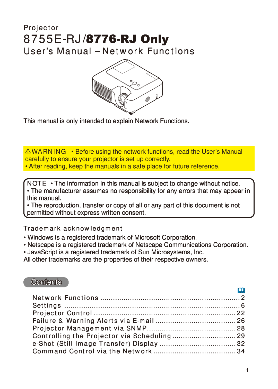 Dukane 8755E-RJ/8776-RJ Only, User’s Manual - Network Functions, Contents, Trademark acknowledgment, Projector 