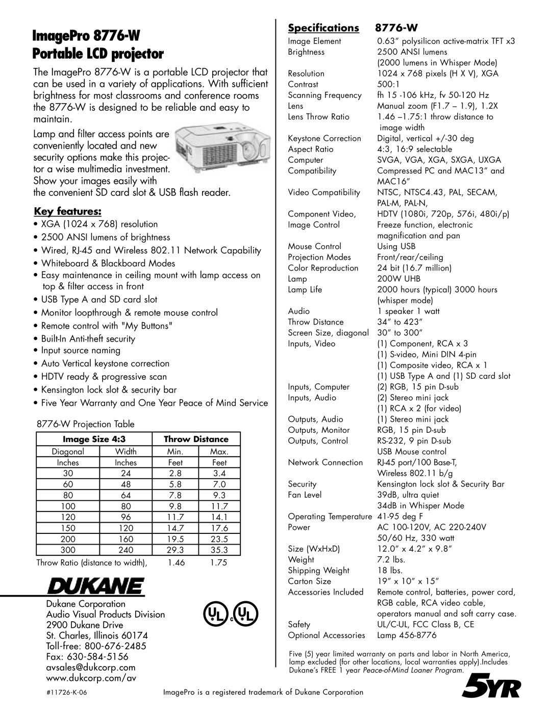 Dukane manual ImagePro 8776-W Portable LCD projector, Key features, Specifications 8776-W, Image Size Throw Distance 