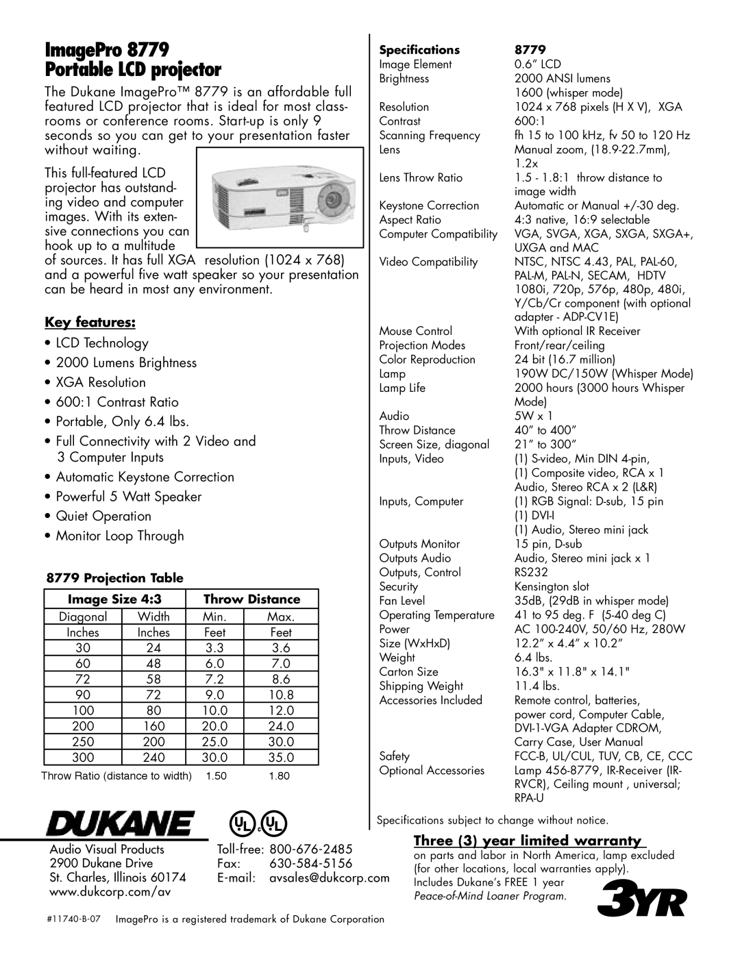 Dukane manual ImagePro Portable LCD projector, Key features, Three 3 year limited warranty, Speciﬁcations 8779 