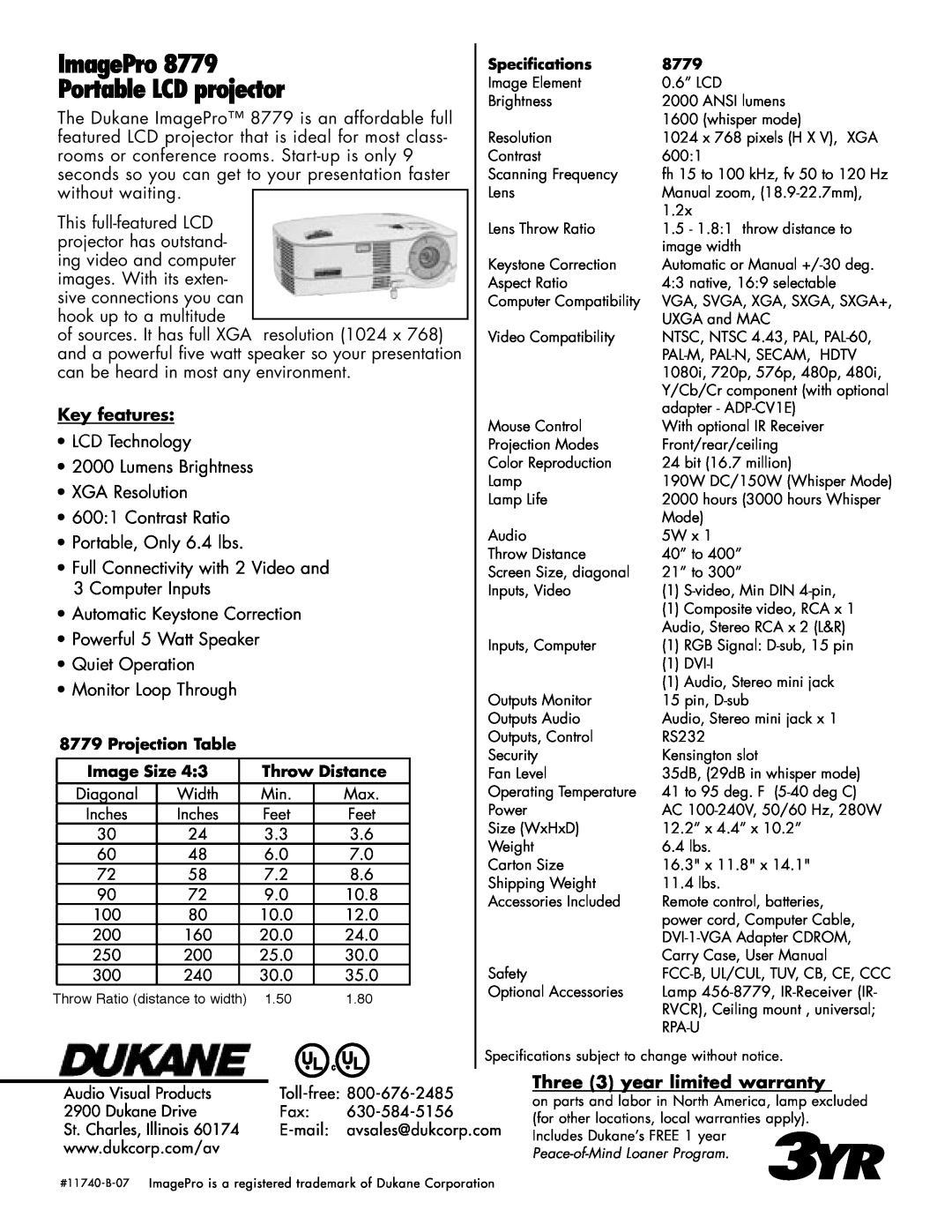 Dukane 8779 manual ImagePro Portable LCD projector, Key features, LCD Technology 2000 Lumens Brightness XGA Resolution 