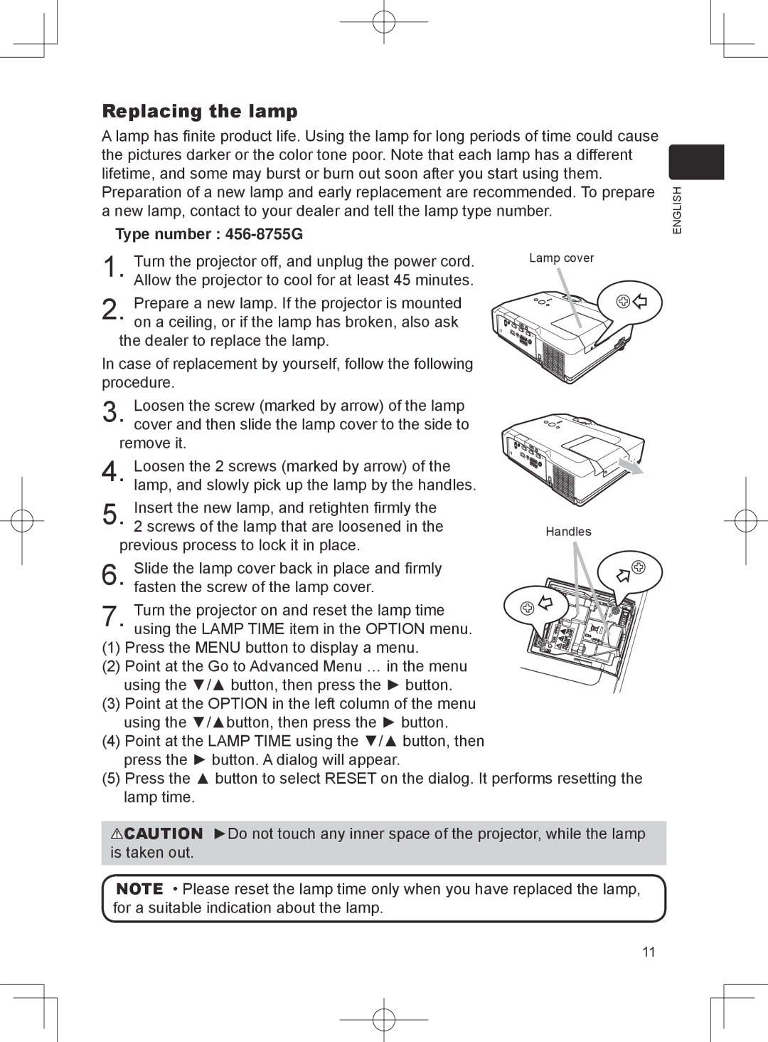 Dukane 8781 user manual Replacing the lamp, Type number 456-8755G 