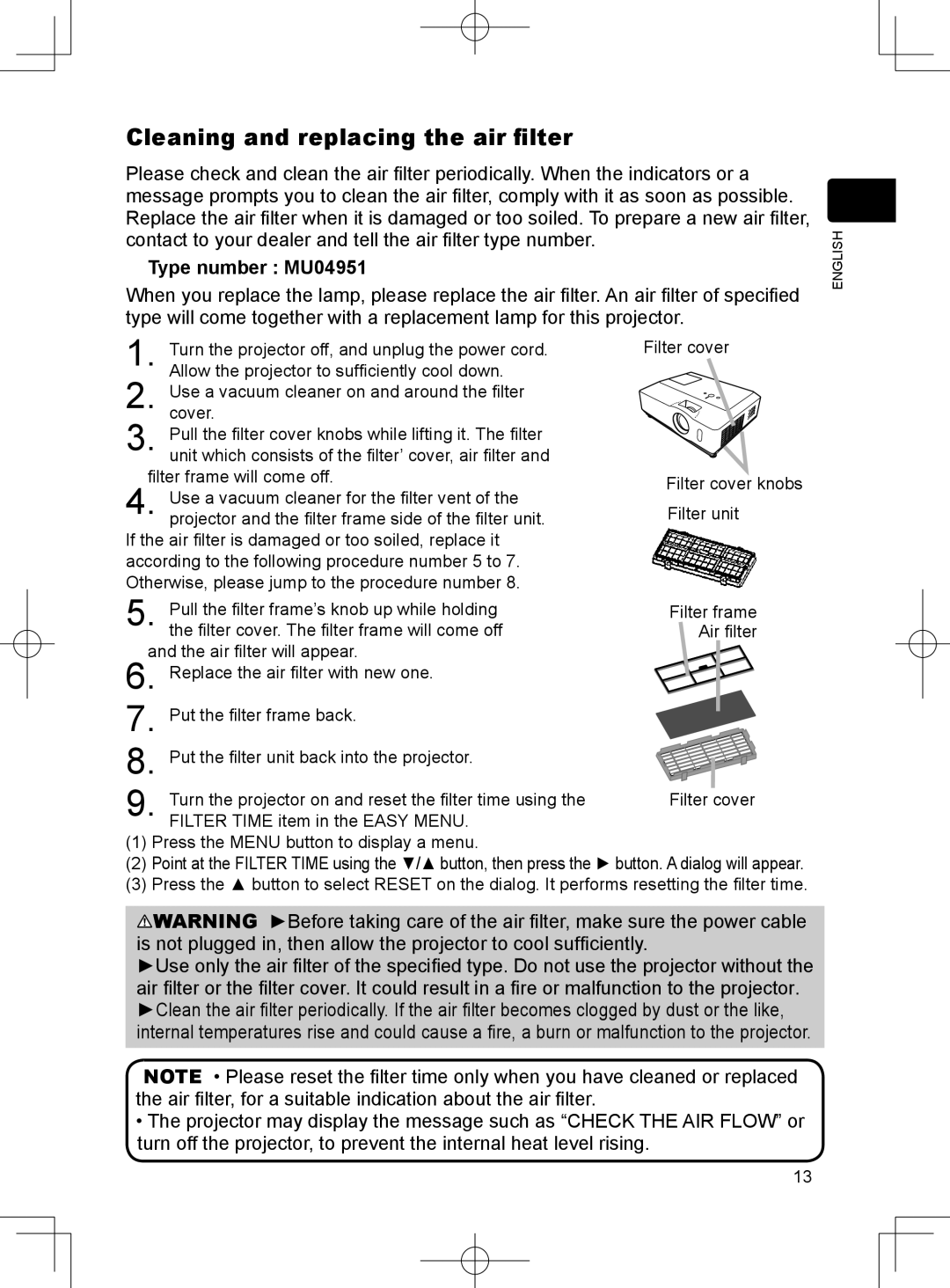 Dukane 8781 user manual Cleaning and replacing the air filter, Type number MU04951 