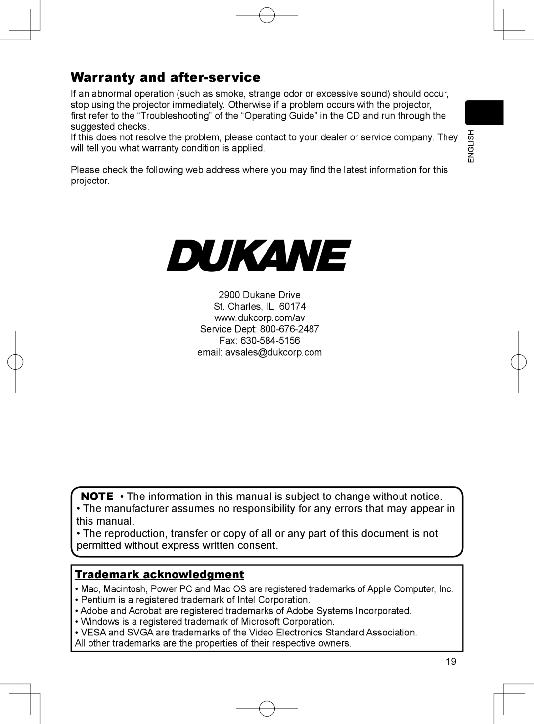 Dukane 8781 user manual Warranty and after-service, Trademark acknowledgment 