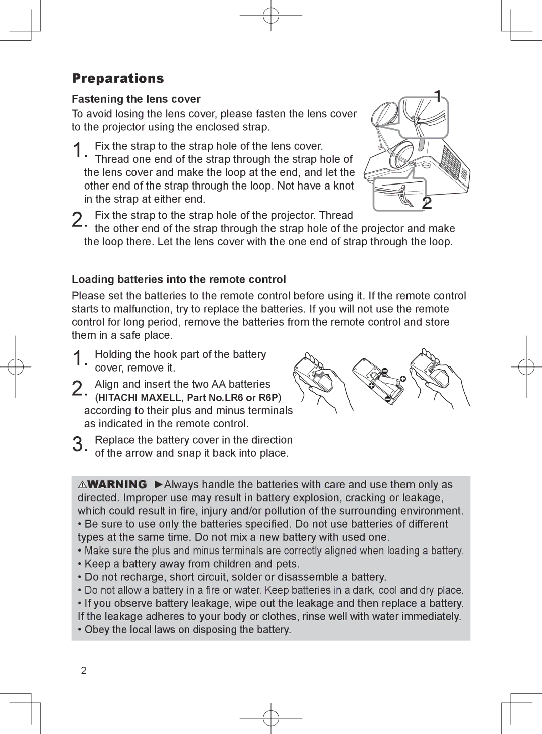 Dukane 8781 user manual Preparations, Fastening the lens cover, Loading batteries into the remote control 