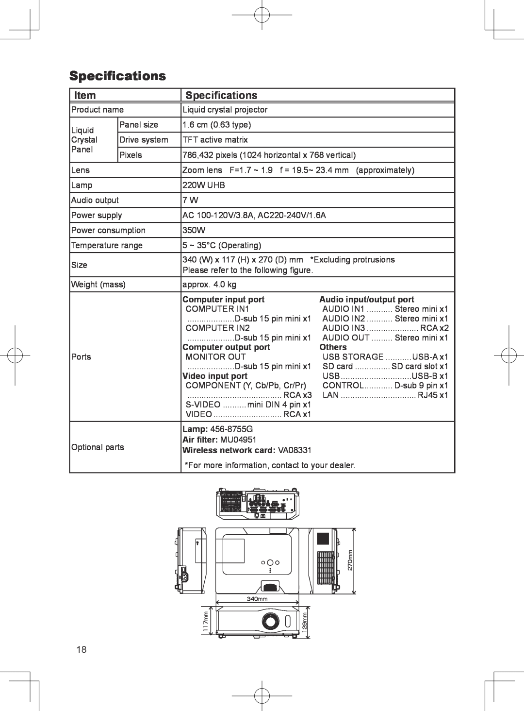 Dukane 8781 Specifications, Computer input port, Computer output port, Others, Video input port, Air filter MU04951 