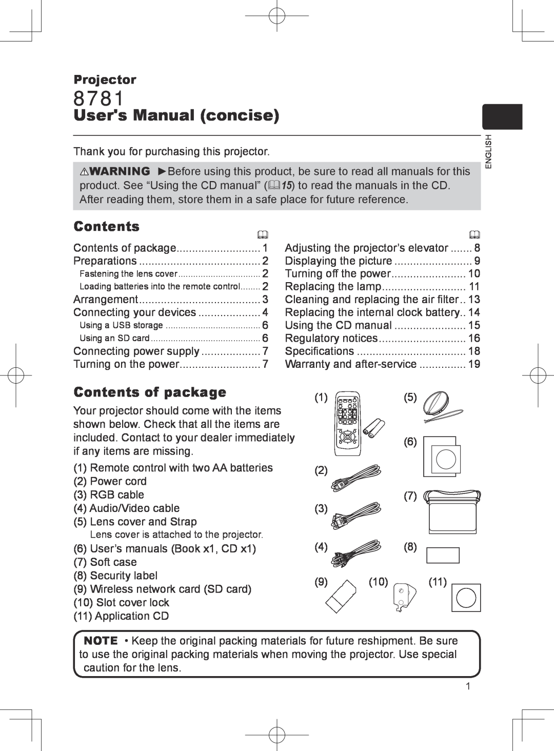 Dukane 8781 user manual Contents of package, Projector, Users Manual concise 