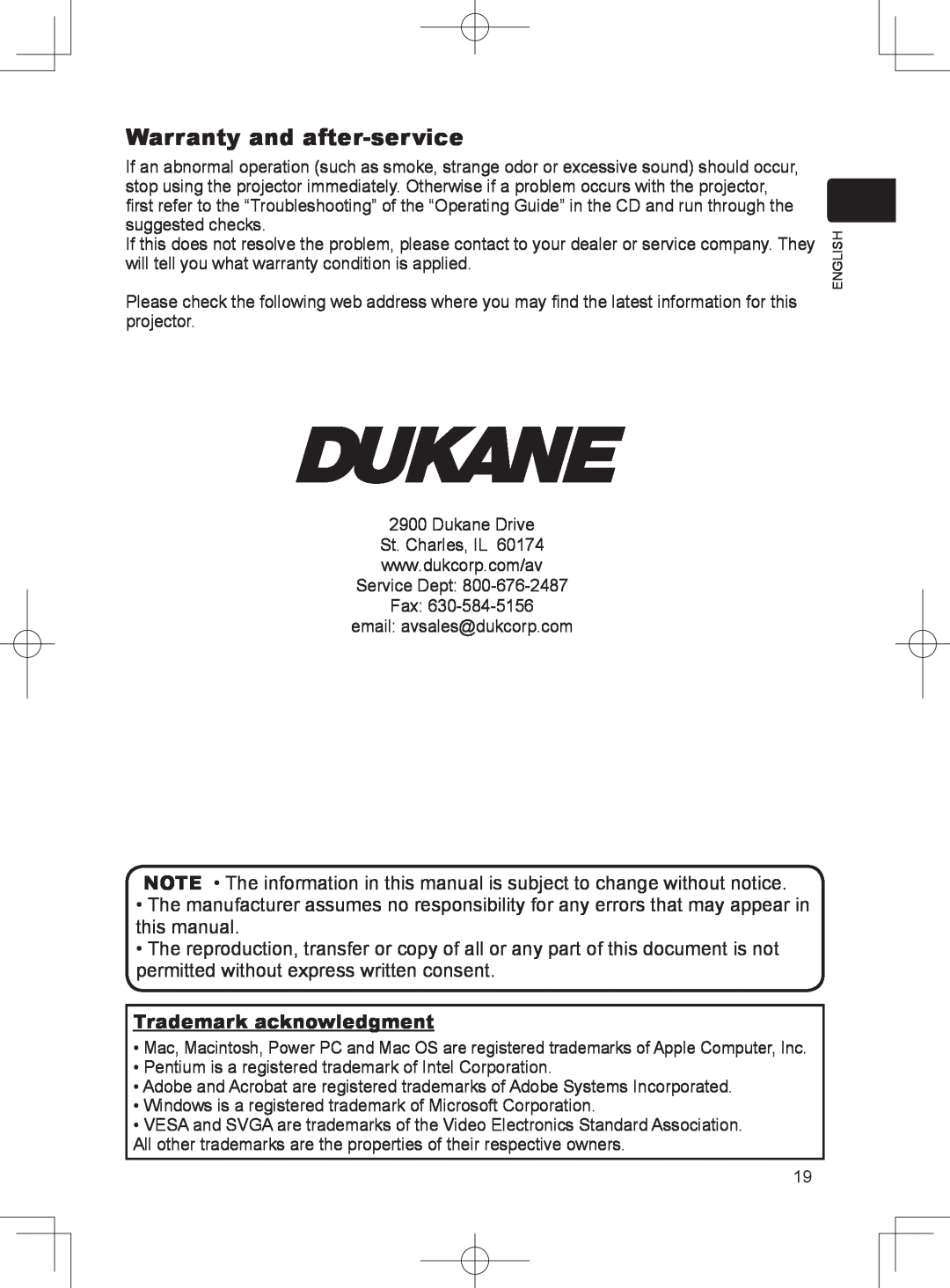 Dukane 8781 user manual Warranty and after-service, Trademark acknowledgment 