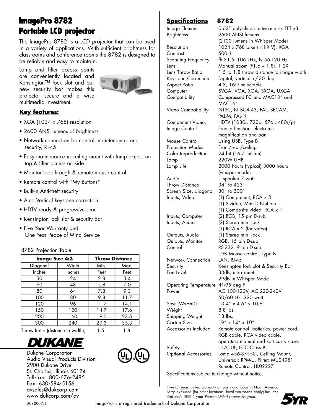 Dukane manual 5YR, ImagePro, Portable LCD projector, Specifications 8782, Key features 